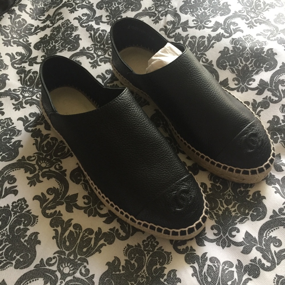Chanel Espadrilles, Calfskin, Black, Size 39, NEW